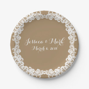 Elegant burlap brown/tan & white lace design paper plates
