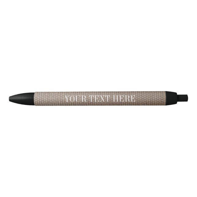 Elegant burlap design promo pen with custom text. (Front)