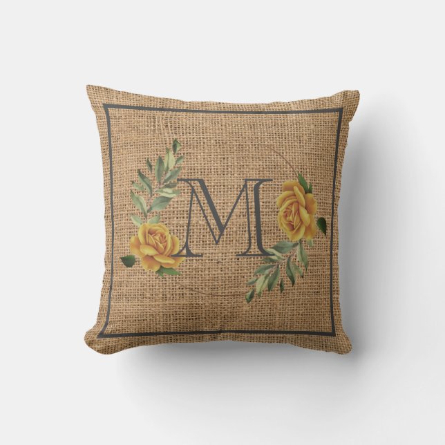 elegant burlap floral monogram family throw pillow (Front)