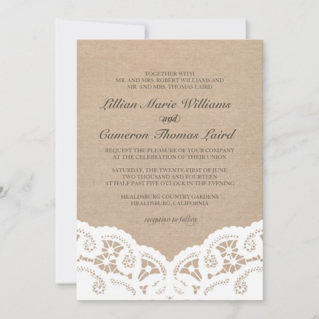 Elegant Burlap Lace Wedding Invitation (Front)