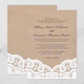 Elegant Burlap Lace Wedding Invitation | Zazzle