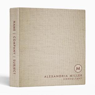 Elegant Burlap Modern Minimal Monogram 3 Ring Binder