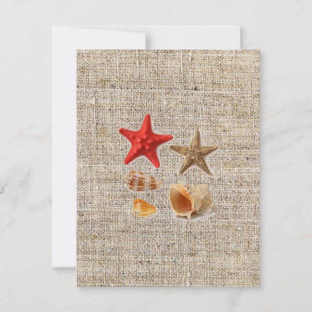 elegant burlap  nautical seashells beach wedding invitation (Front)