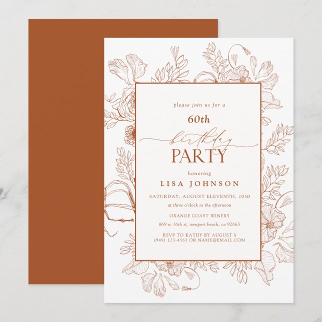 Elegant Burnt Orange 60th Birthday Floral Line Art Invitation (Front/Back)
