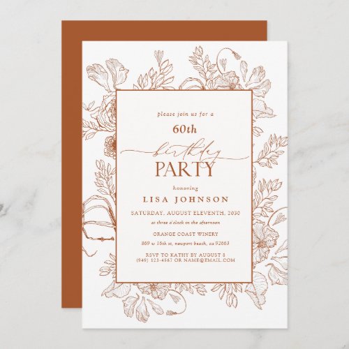 Elegant Burnt Orange 60th Birthday Floral Line Art Invitation