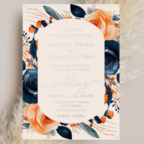 Elegant Burnt Orange and Navy Blue Floral Wedding Foil Invitation