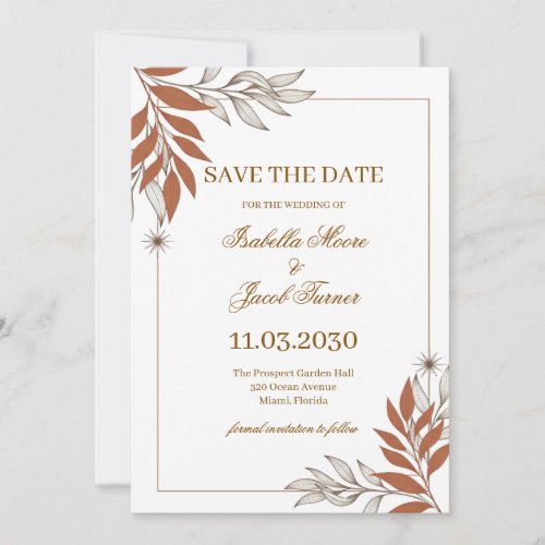 Elegant Burnt Orange Botanical Line Art Save the  Date