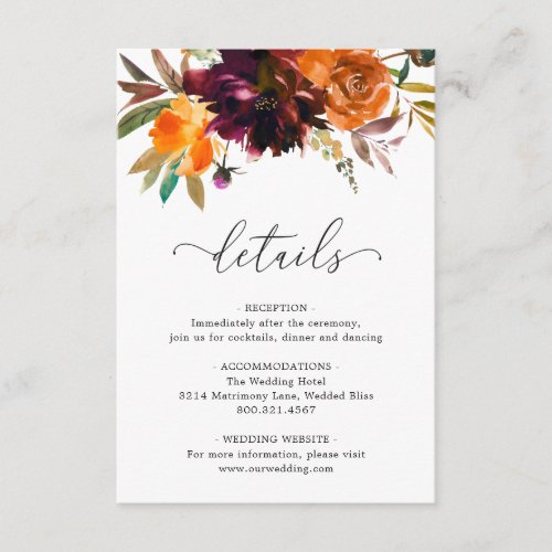 Elegant Burnt Orange Burgundy Fall Floral Wedding Enclosure Card