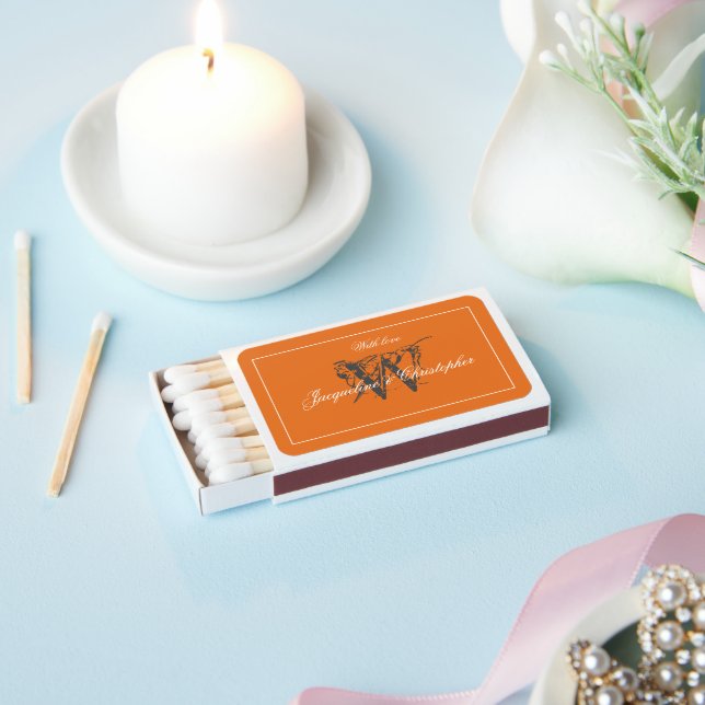 Elegant Burnt Orange Chic Monogram + Names Wedding Matchboxes (Insitu)