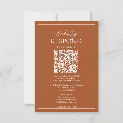 Elegant Burnt Orange Floral Crest Monogram QR Code RSVP Card