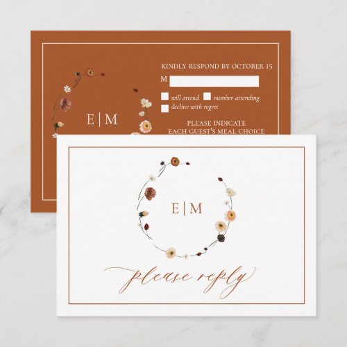 Elegant Burnt Orange Floral Crest Monogram RSVP