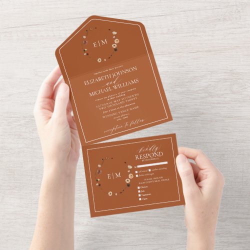 Elegant Burnt Orange Floral Crest Monogram Wedding All In One Invitation