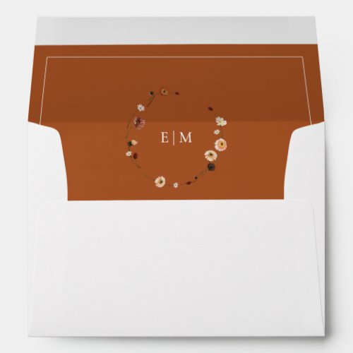 Elegant Burnt Orange Floral Crest Monogram Wedding Envelope