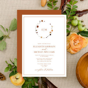 Elegant Burnt Orange Floral Crest Monogram Wedding Invitation