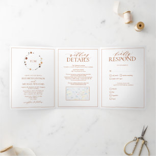 Elegant Burnt Orange Floral Crest Monogram Wedding Tri-Fold Invitation