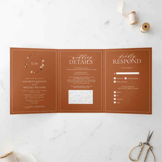 Elegant Burnt Orange Floral Crest Monogram Wedding Tri-Fold Invitation (Inside)