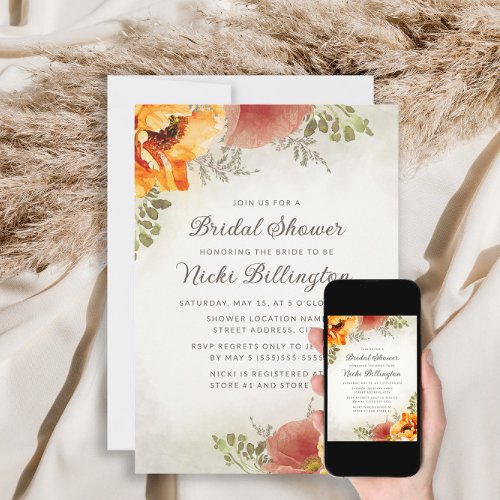 Elegant Burnt Orange Floral Fall Bridal Shower Invitation
