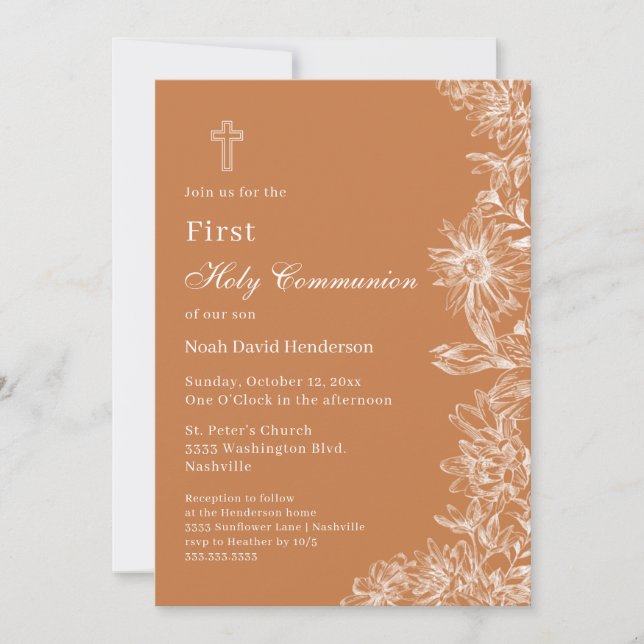 Elegant Burnt Orange Floral First Holy Communion Invitation (Front)