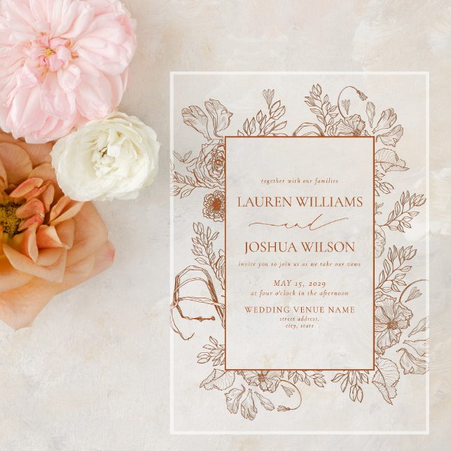 Elegant Burnt Orange Floral Line Art Wedding Acrylic Invitations (Creator Uploaded)