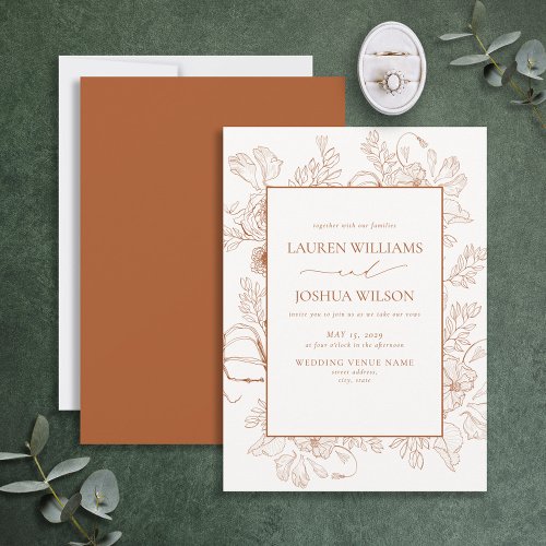 Elegant Burnt Orange Floral Line Art Wedding Invit Invitation