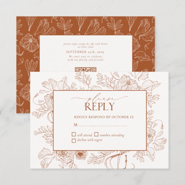 Elegant Burnt Orange Floral Line Art Wedding RSVP  (Front/Back)
