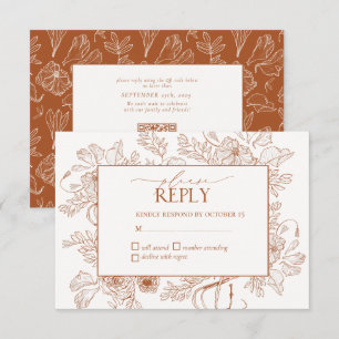 Elegant Burnt Orange Floral Line Art Wedding RSVP  Card