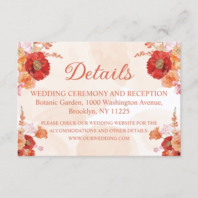 Elegant Burnt Orange Floral Wedding Details Enclosure Card (Front)