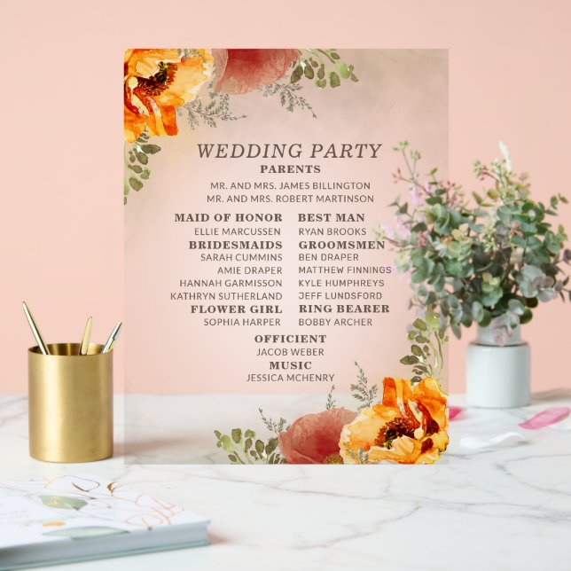 Elegant Burnt Orange Floral Wedding Program    Acrylic Sign (Wedding)