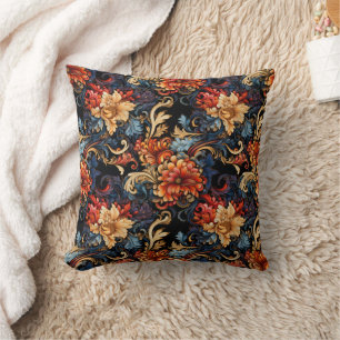 Elegant Burnt Orange Gold Floral Black Throw Pillow
