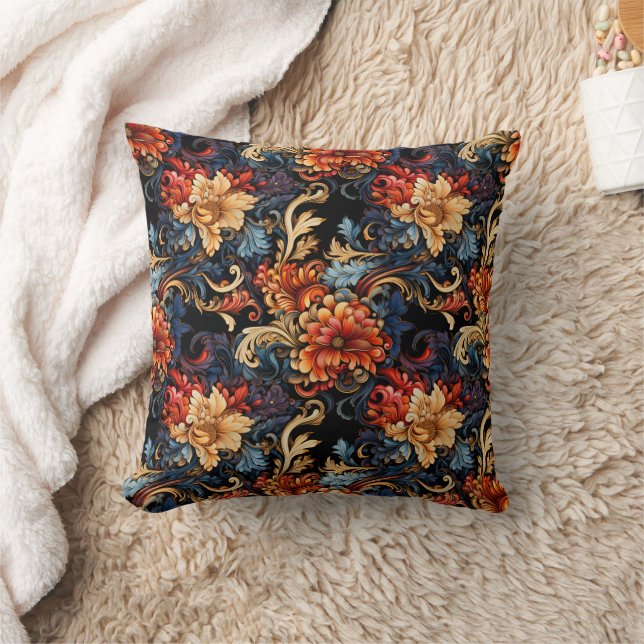 Elegant Burnt Orange Gold Floral Black Throw Pillow (Blanket)
