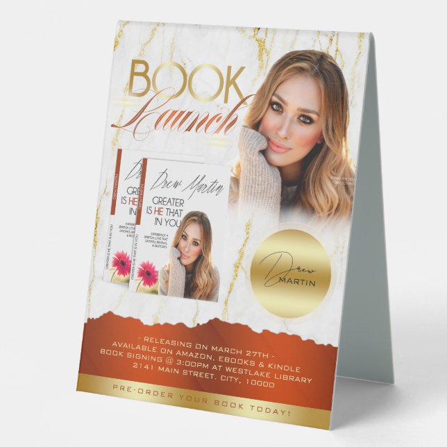 Elegant Burnt Orange & Gold Marble Book Launch Table Tent (Front)