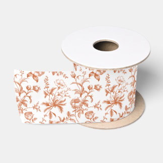 Elegant Burnt Orange Grandmillennial Toile Floral Satin Ribbon