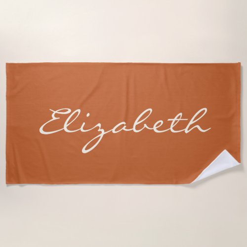 Elegant Burnt Orange Handwritten Script Name  Beach Towel