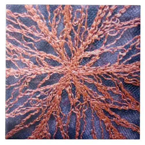 Elegant burnt orange indigo oversized embroidery  ceramic tile