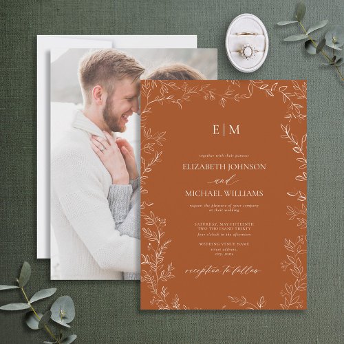 Elegant Burnt Orange Leaf Photo Monogram Wedding Invitation