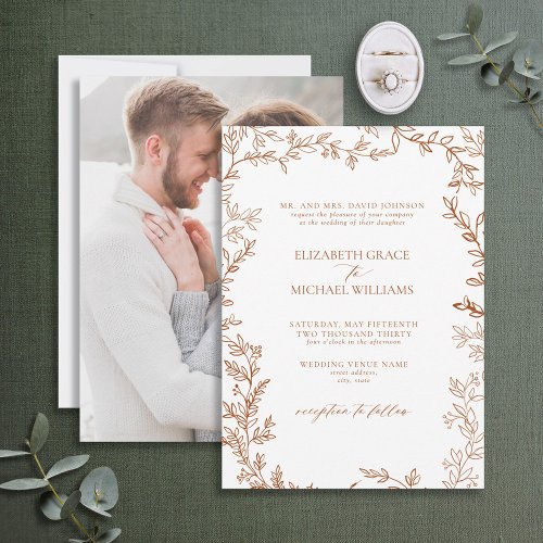 Elegant Burnt Orange Leaf Photo Monogram Wedding Invitation