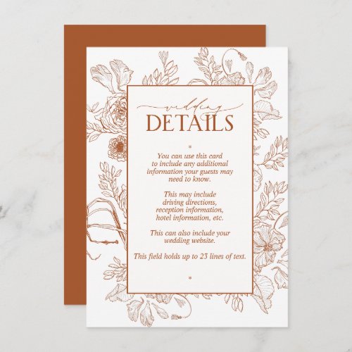 Elegant Burnt Orange Line Art Wedding Details Enclosure Card