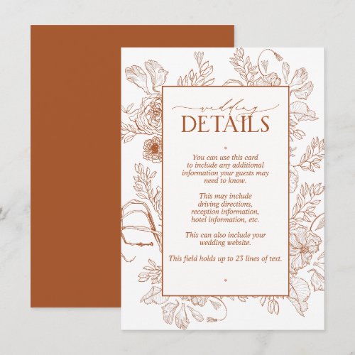 Elegant Burnt Orange Line Art Wedding Details Enclosure Card