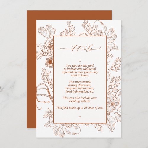Elegant Burnt Orange Line Art Wedding Details Enclosure Card