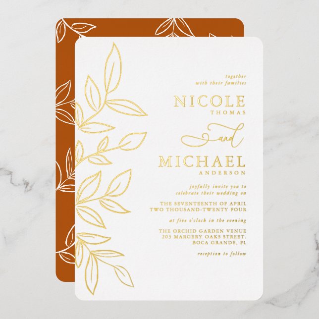 Elegant Burnt Orange Minimal Gold Leaf Wedding Foil Invitation (Front/Back)