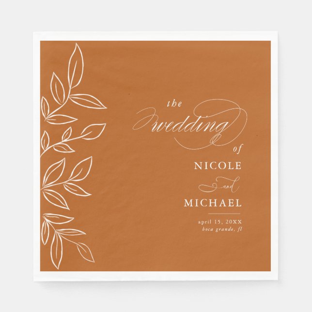 Elegant Burnt Orange Minimalist Leaves Wedding Napkins (Front)