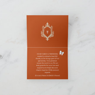 Elegant Burnt Orange Monogram Crest Wedding Thank You Card