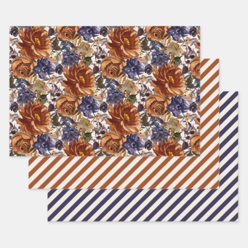 Elegant Burnt Orange Navy Blue Fall Autumn Floral  Wrapping Paper Sheets