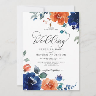 Elegant Burnt Orange Navy Rust Floral Wedding Invitation