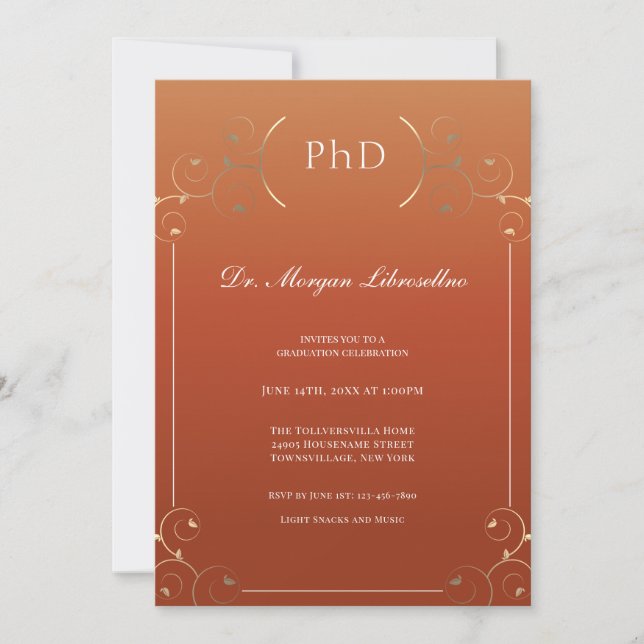 Elegant Burnt Orange PhD Graduation Invitation (Front)