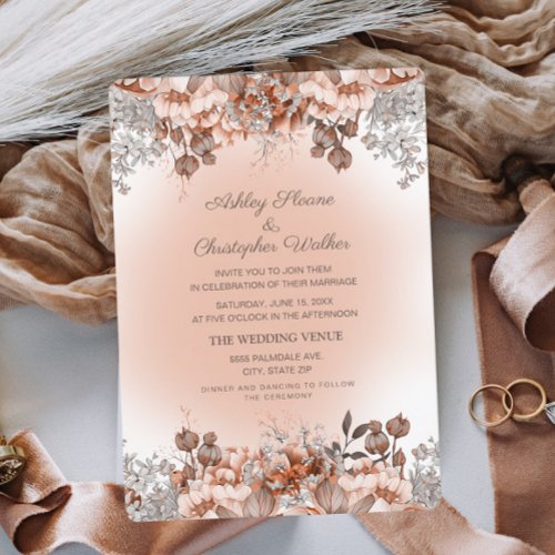 Elegant Burnt Orange Pink Autumn Floral Wedding Invitation