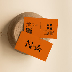 Elegant Burnt Orange QR Code Monogram Logo Boho Business Card