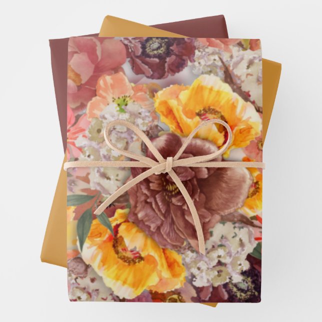 Elegant Burnt Orange Rust Cream Floral  Wrapping Paper Sheets (In situ)
