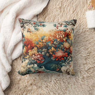 Elegant Burnt Orange Teal Gold Floral Chinoiserie Throw Pillow