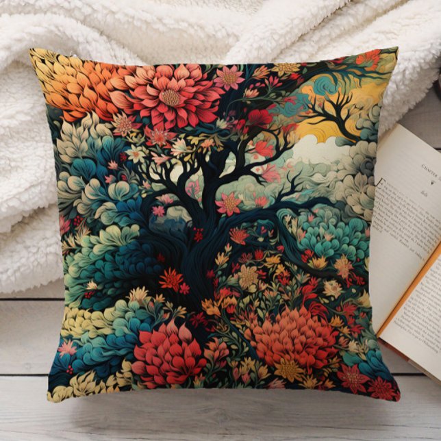 Elegant Burnt Orange Teal Gold Nature Chinoiserie Throw Pillow (Orange and teal leaves in forest pillow)